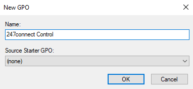 New GPO (Group Policy Object) dialog in Windows. The Name field contains "247connect Control". The Source Starter GPO drop-down is set to "(none)". Below the fields are OK and Cancel buttons.